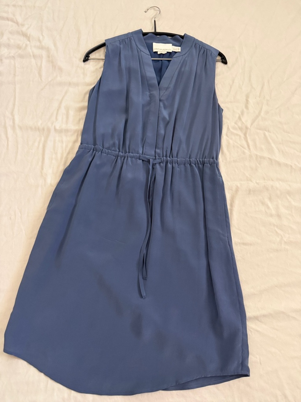 Cynthia Rowley Slate Blue Sleeveless V-Neck Drawstring Midi Dress 100% silk.